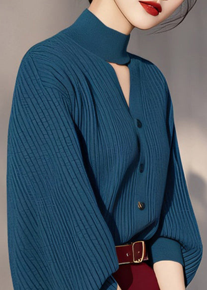 Fine Peacock Blue Turtleneck Hollow Out Cotton Knit Sweater Spring TO038