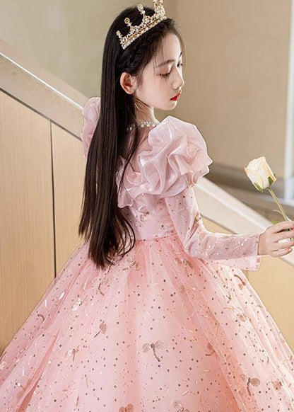 Fine Pink Embroideried Patchwork Tulle Kids Maxi Dress Fall RP037