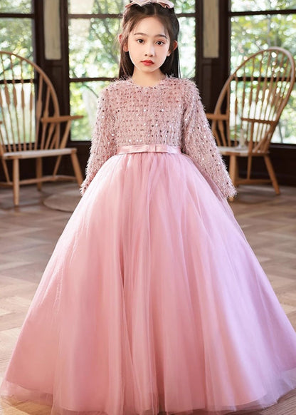 Fine Pink O-Neck Patchwork Tulle Girls Maxi Dress Winter RP044