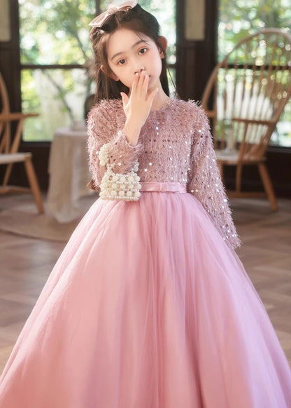 Fine Pink O-Neck Patchwork Tulle Girls Maxi Dress Winter RP044