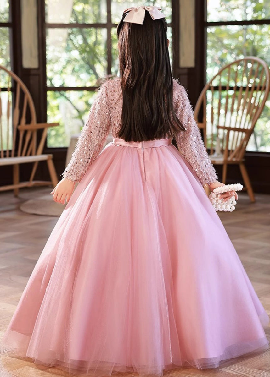 Fine Pink O-Neck Patchwork Tulle Girls Maxi Dress Winter RP044