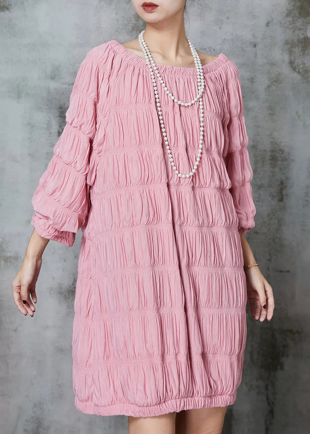 Fine Pink Slash Neck Wrinkled Cotton Mid Dress Spring Ada Fashion