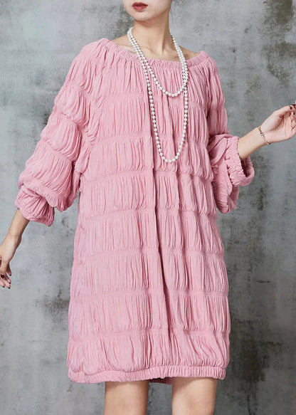 Fine Pink Slash Neck Wrinkled Cotton Mid Dress Spring Ada Fashion