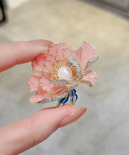 Fine Pink Sterling Silver Alloy Zircon Pearl Peony Flower Brooches WP006