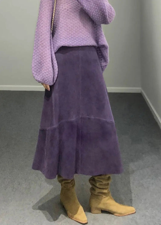 Fine Purple High Waist Patchwork Sheepskin Skirts Spring Ada Fashion
