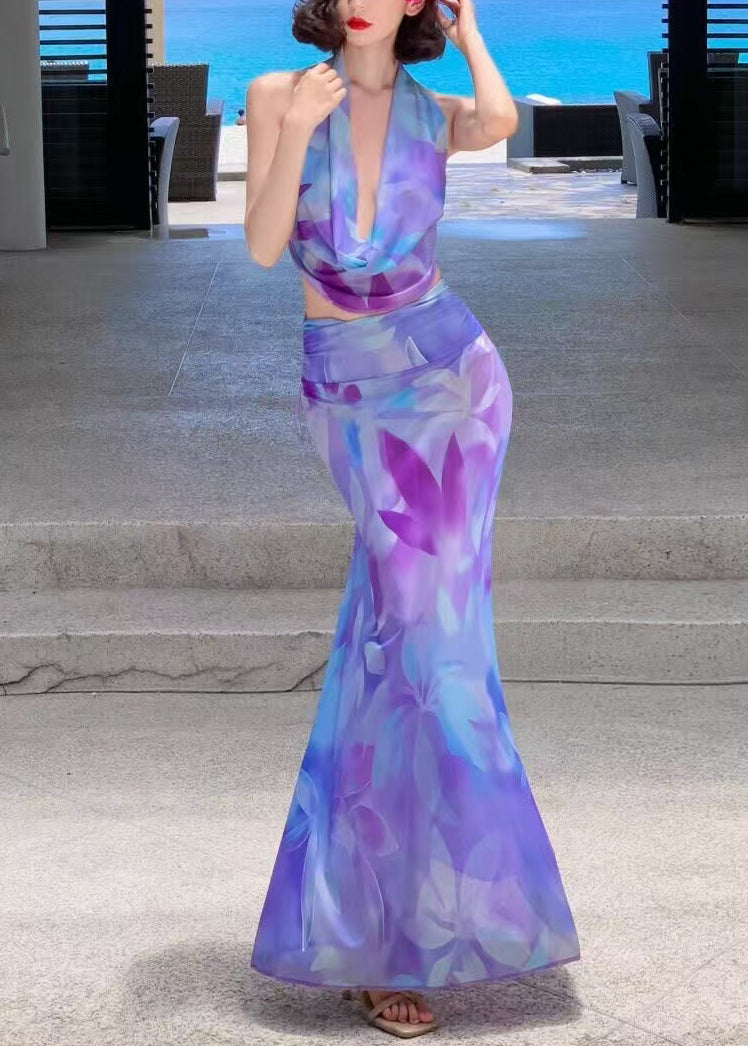 Zweiteiliges Maxi-Set Lila Print Tüll Feine Röcke Und Top