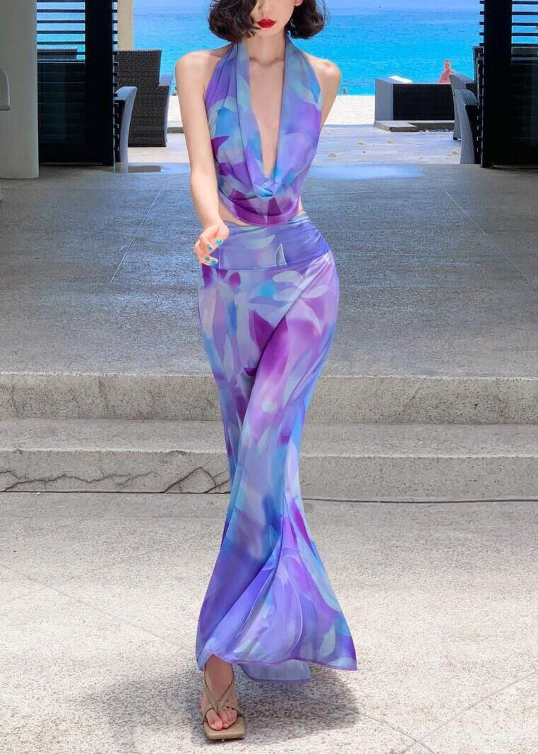 Zweiteiliges Maxi-Set Lila Print Tüll Feine Röcke Und Top