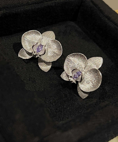 Fine Purple Sterling Silver Crystal Butterfly Orchid Stud Earrings AC1062