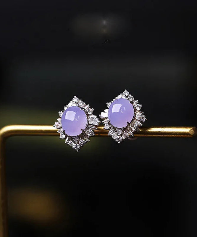 Fine Purple Sterling Silver Inlaid Zircon Jade Stud Earrings AC1050