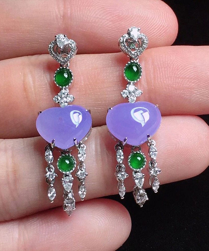 Boucles d'oreilles pendantes en argent sterling violet avec zircons incrustés et pampilles en jade Love AC1027