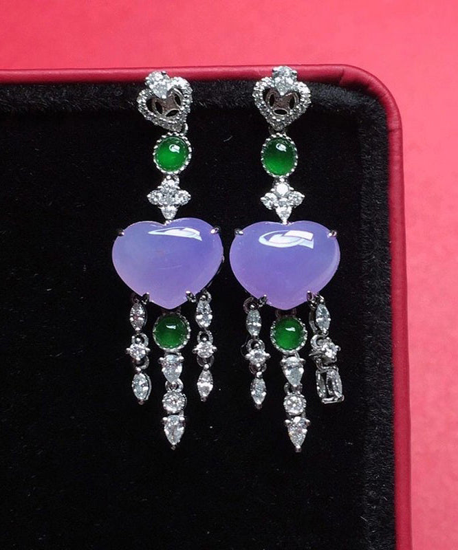 Boucles d'oreilles pendantes en argent sterling violet avec zircons incrustés et pampilles en jade Love AC1027