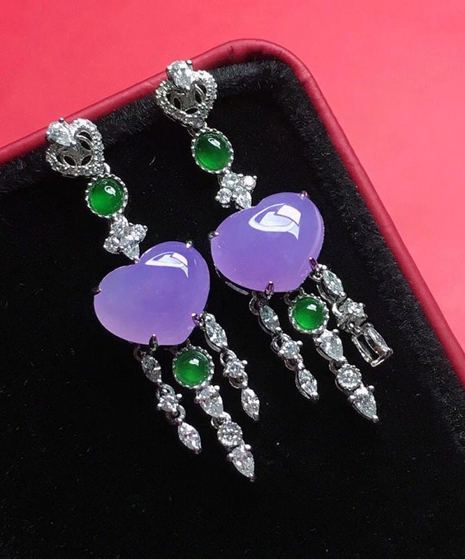 Boucles d'oreilles pendantes en argent sterling violet avec zircons incrustés et pampilles en jade Love AC1027