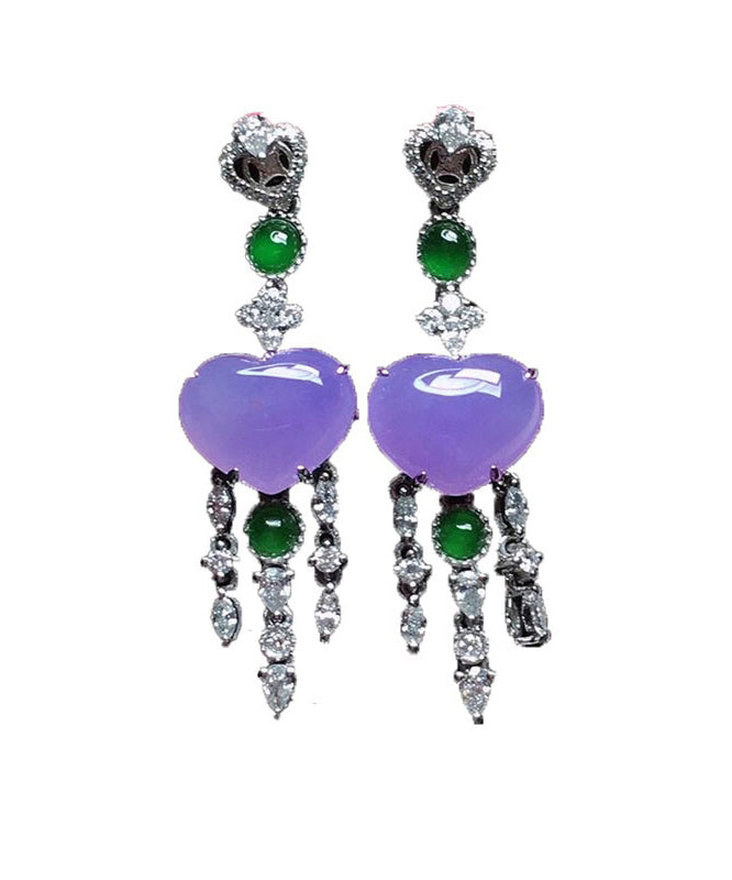 Fine Purple Sterling Silver Inlaid Zircon Love Jade Tassel Drop Earrings AC1027