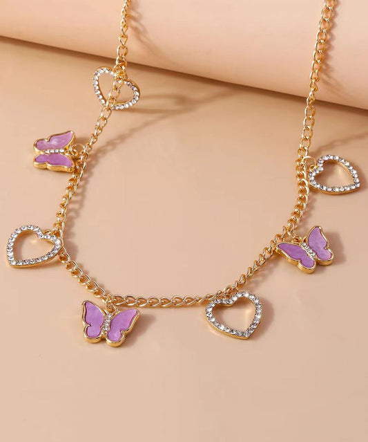 Fine Purple Sterling Silver Overgild Zircon Butterfly Love Pendant Necklace DF1011