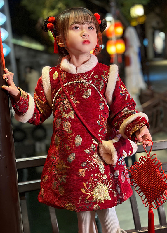 Robe longue d'hiver pour enfant avec col en fourrure rouge fine imprimée TR008