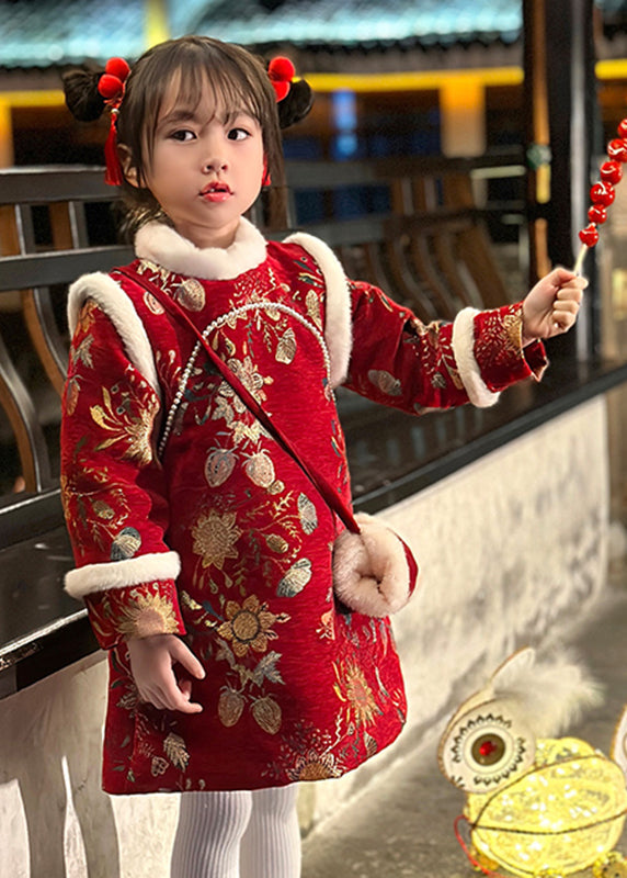 Robe longue d'hiver pour enfant avec col en fourrure rouge fine imprimée TR008