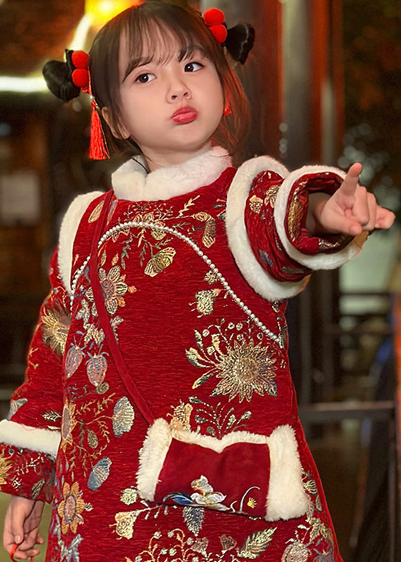 Robe longue d'hiver pour enfant avec col en fourrure rouge fine imprimée TR008