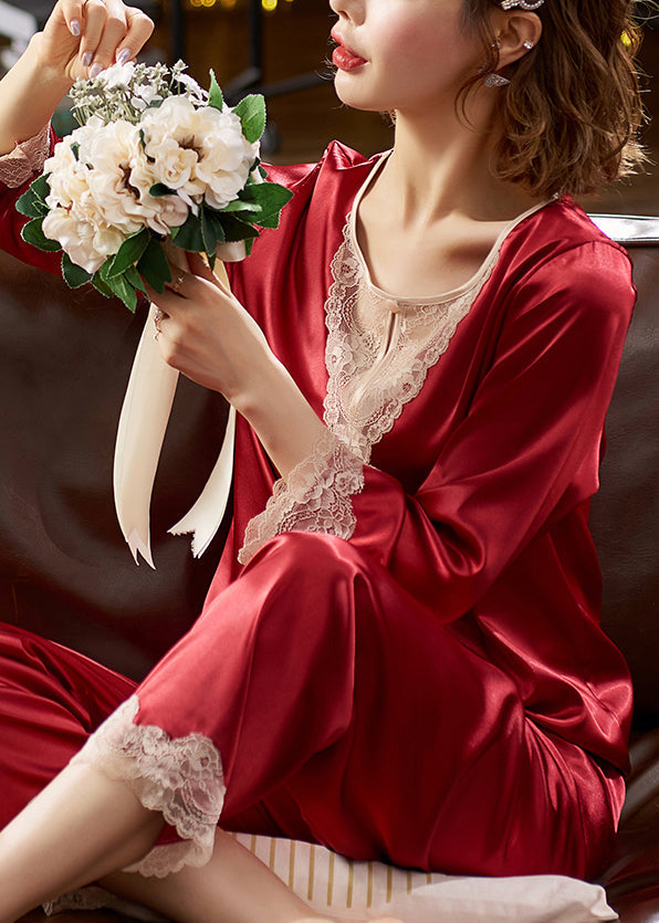 Red Patchwork O Pieces Lace Fall Neck Pajamas Set Two Silk Fine