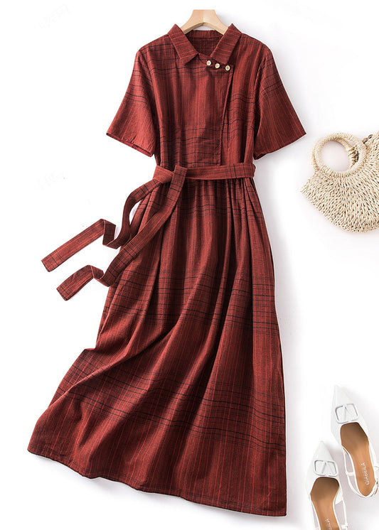 Fine Red Peter Pan Collar Plaid Tie Waist Linen Dresses Summer AM1066