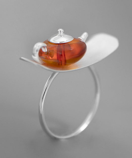 Bague théière en argent sterling et ambre de soie fine II023