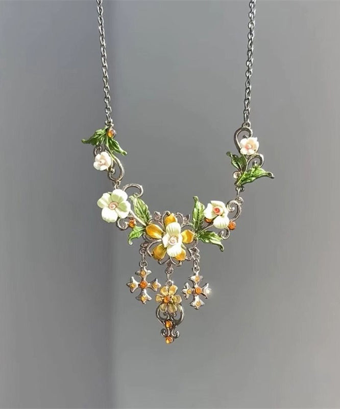 Collier Lariat à pampilles florales en argent sterling et soie fine AB1072