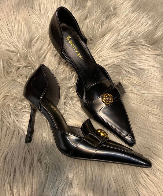 Fine Pointed High Black Toe Splicing Stiletto Heels Sheepskin