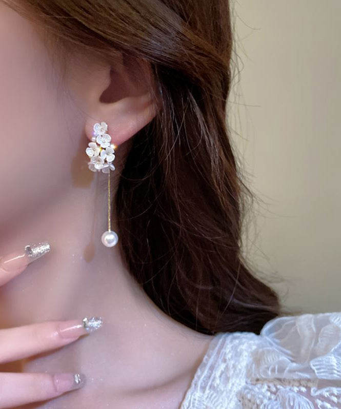 Fine White Copper Alloy Zircon Pearl Floral Tassel Drop Earrings EY019