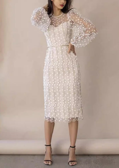 Fine White Embroidered Tulle Dress Lantern Sleeve QR012