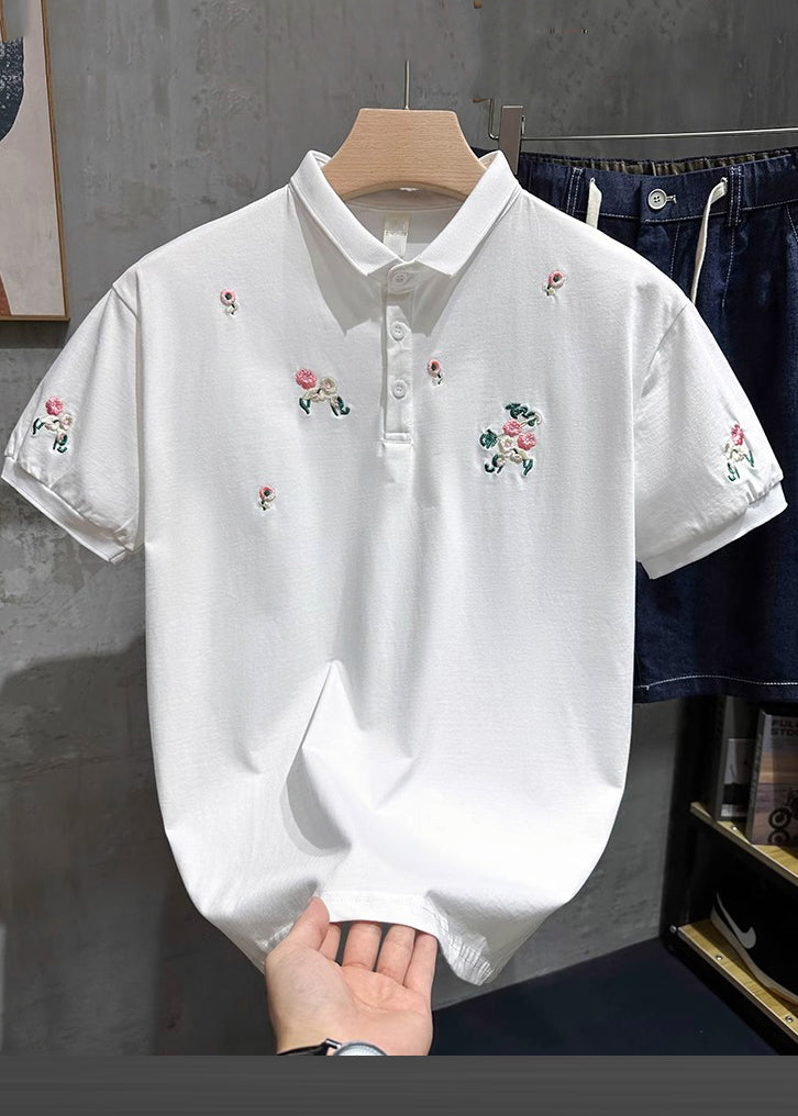 Polo Fine Herren Weiß Bestickte Hemden Taste Baumwolle Sommer