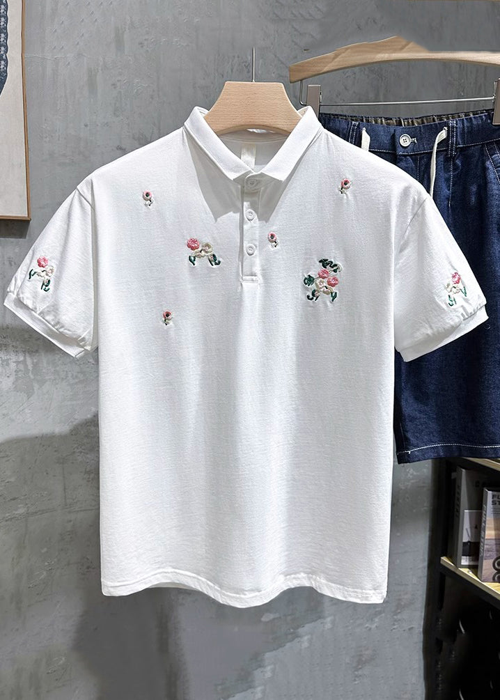 Polo Fine Herren Weiß Bestickte Hemden Taste Baumwolle Sommer