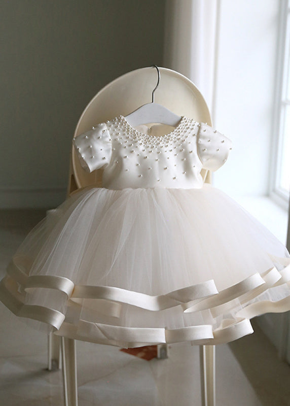 Robe longue à manches courtes en tulle perlé blanc fin pour enfant, patchwork, YS040