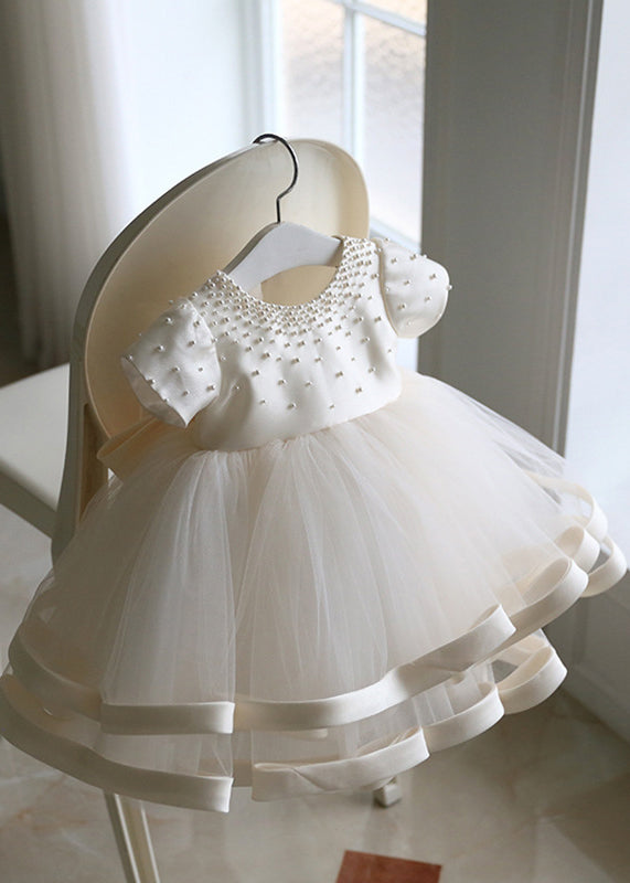 Robe longue à manches courtes en tulle perlé blanc fin pour enfant, patchwork, YS040