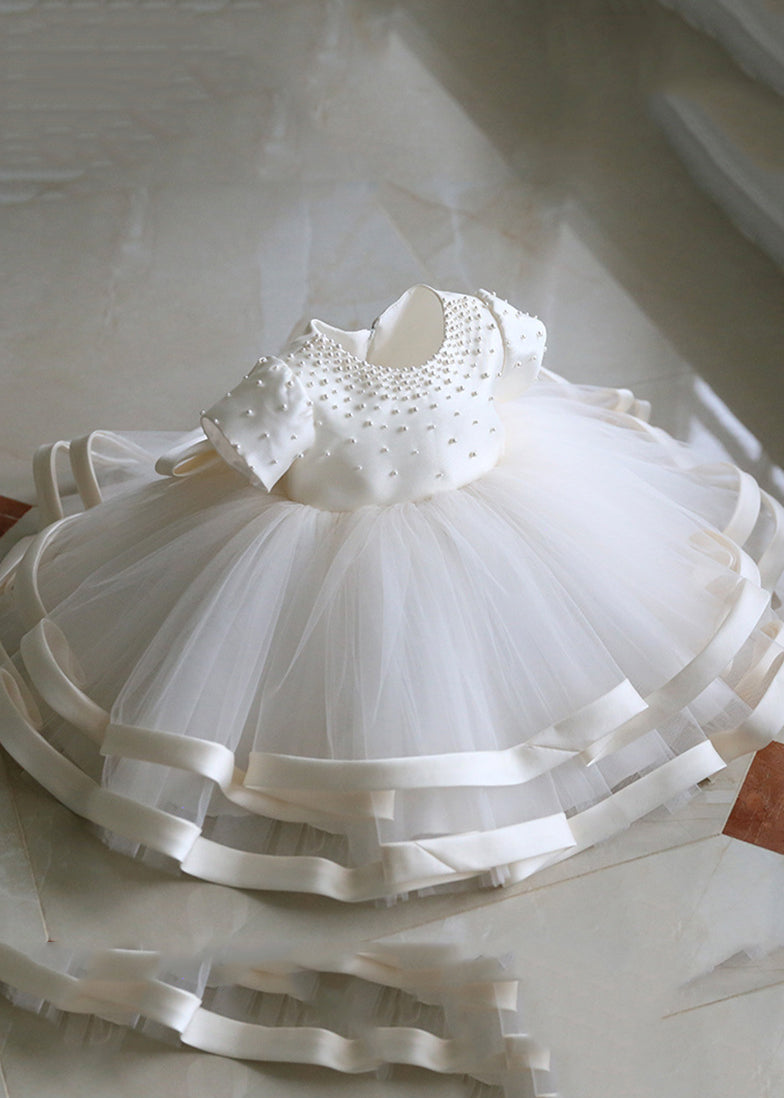 Robe longue à manches courtes en tulle perlé blanc fin pour enfant, patchwork, YS040