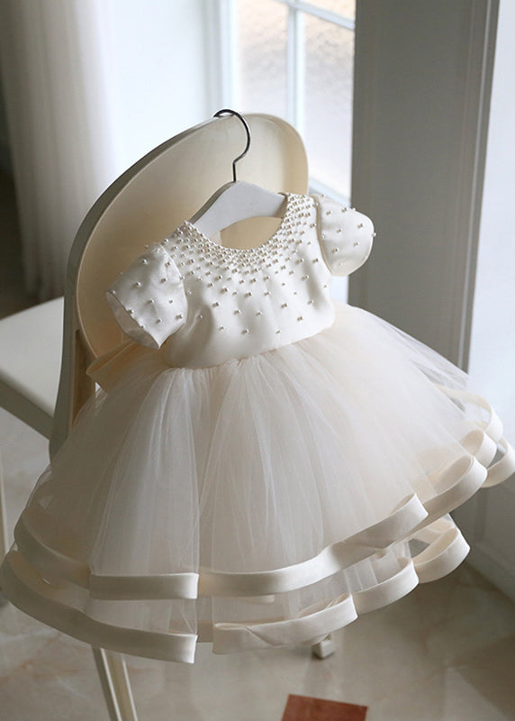 Robe longue à manches courtes en tulle perlé blanc fin pour enfant, patchwork, YS040