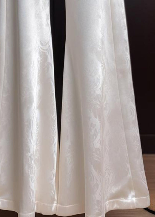 Print Summer Silk White Trousers Flared Fine High Waist