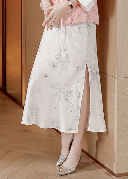 Fine White Print Side Open Silk Skirt Summer OO029