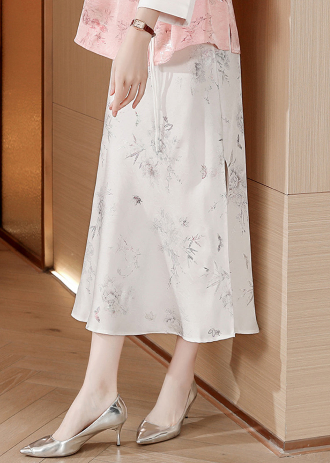 Fine White Print Side Open Silk Skirt Summer OO029