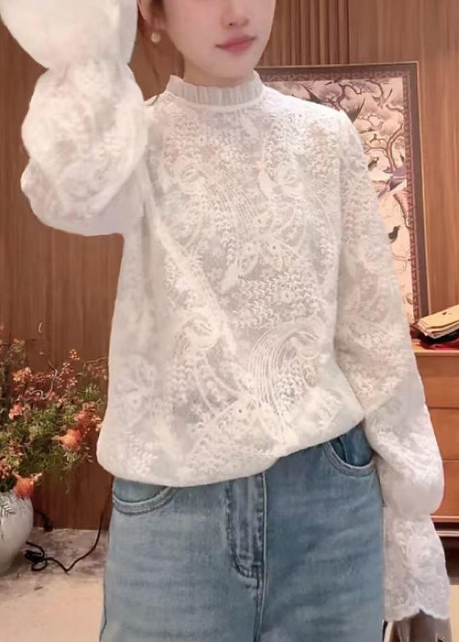 Flare White Fine Sleeve Embroidered Collar Shirts Stand Lace