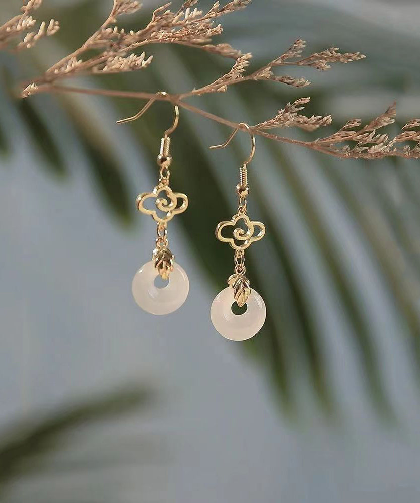 Fine White Sterling Silver Overgild Jade Ping Buckle Tassel Drop Earrings AC1073