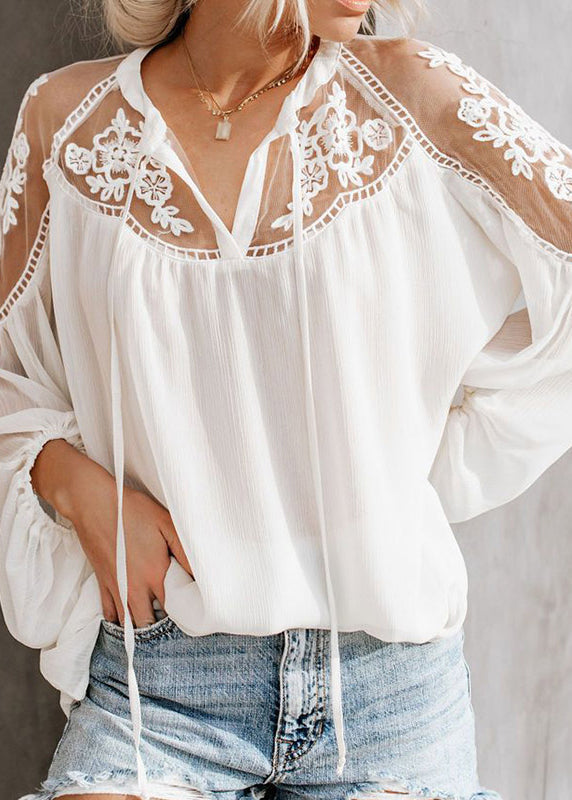 White Lace V Patchwork Shirt Fine Neck Fall