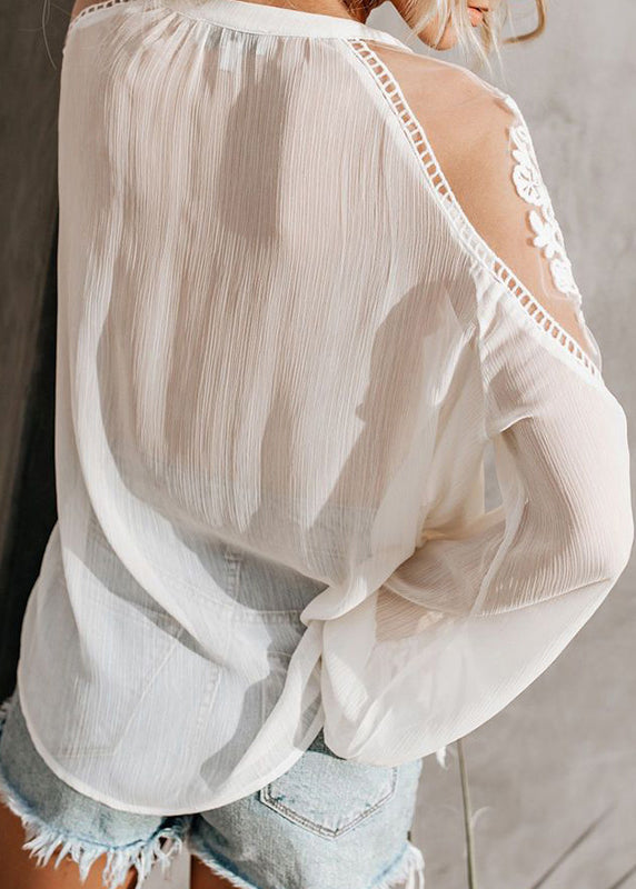 White Lace V Patchwork Shirt Fine Neck Fall