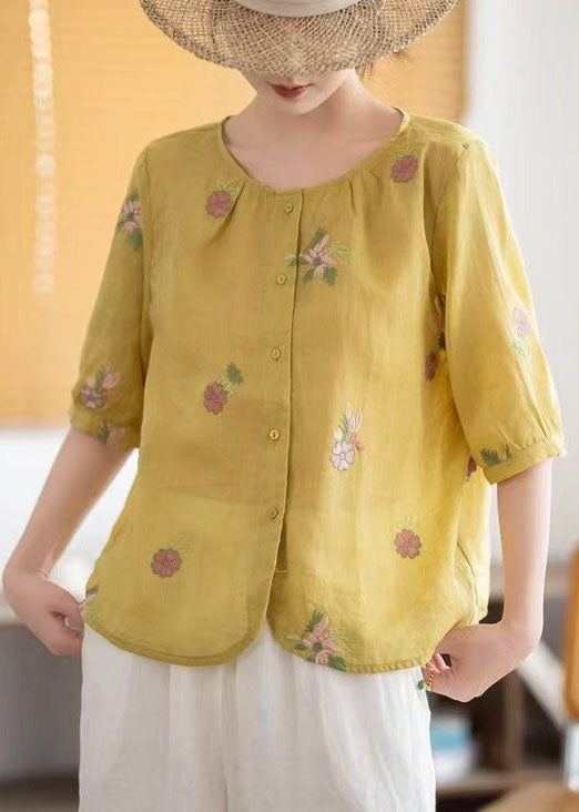 Embroidered Summer Tops Yellow Fine Linen O-Neck