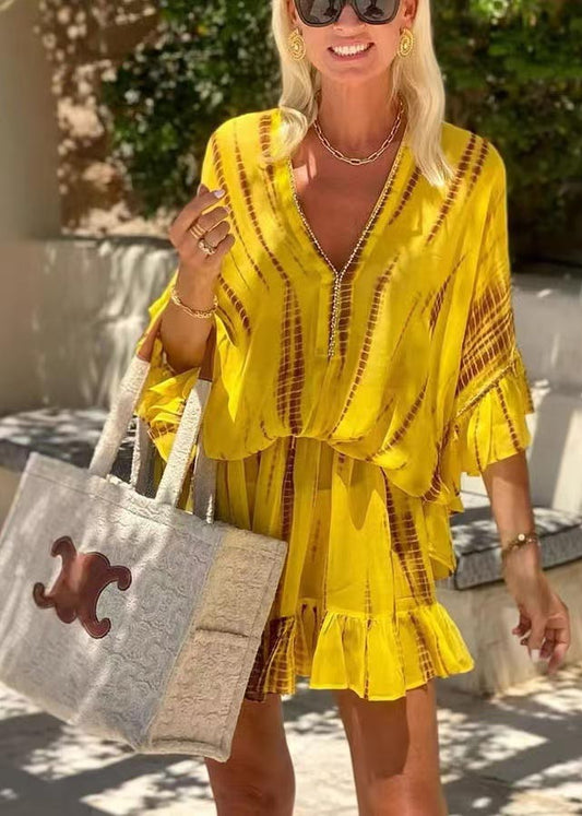 Beach Dress Chiffon Sleeve Batwing Zircon Fine Print Yellow