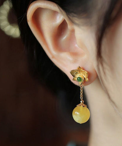 Fine Yellow Sterling Silver Overgild Beeswax Amber Crystal Floral Drop Earrings GH1025