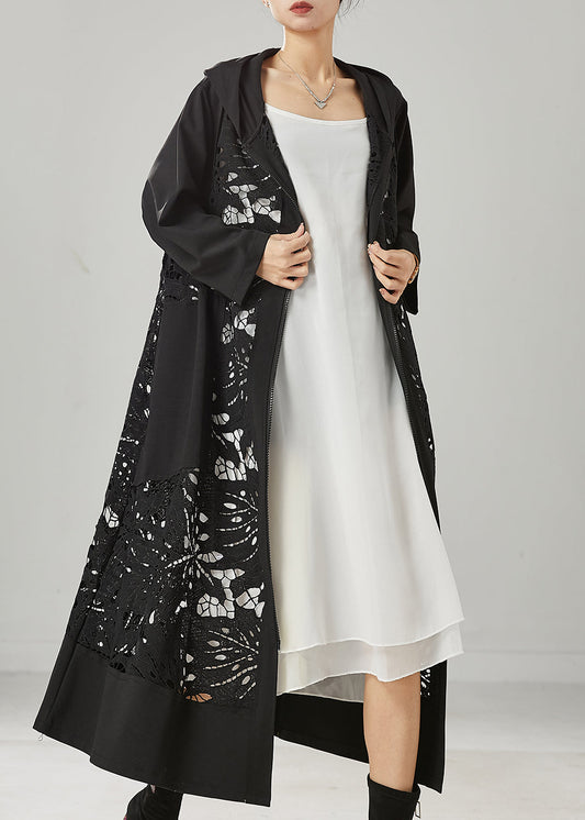 Fitted Black Oversized Patchwork Hollow Out Cotton Trench Spring YU1035