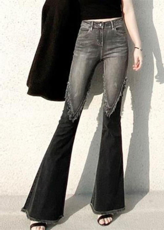 Bas évasé en denim noir à franges, coupe ajustée, printemps YF033