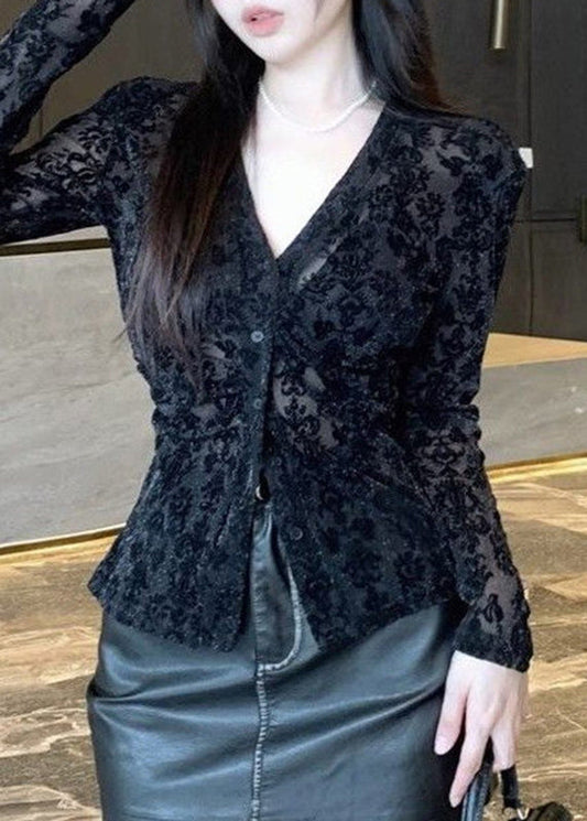 Haut floqué ajusté à col en V et dentelle noire