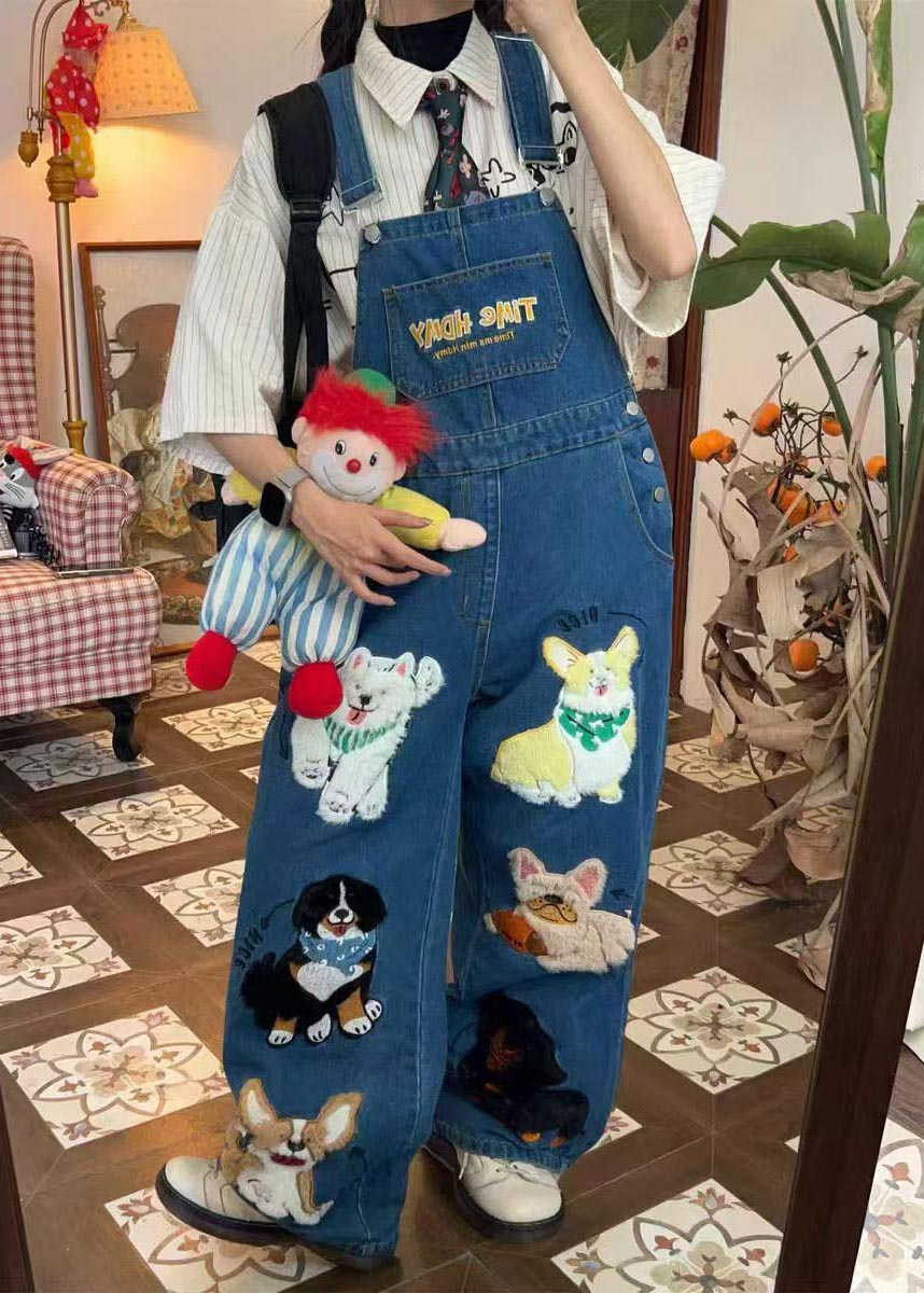 Animals Blue Jumpsuit Summer Denim Cute Oversized Fitted