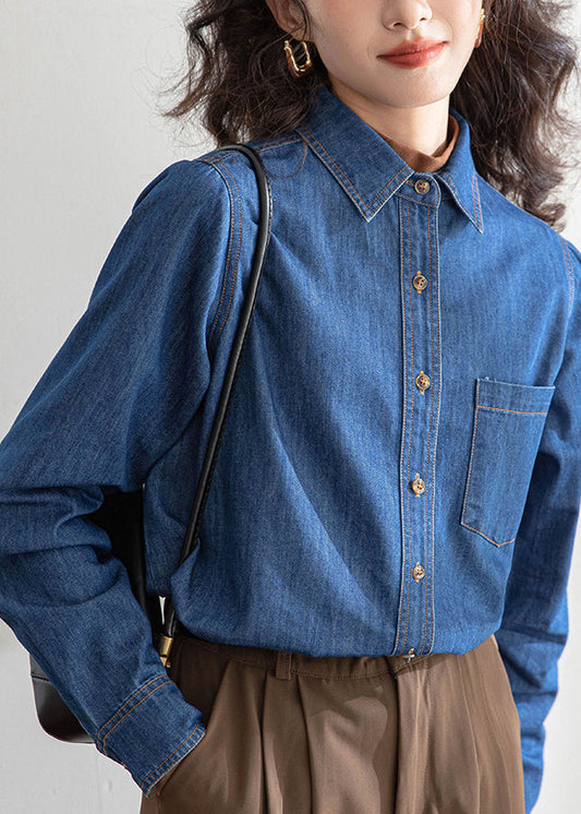Chemise en jean bleu ajustée à col Claudine et boutons, printemps TH035
