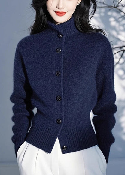 Fitted Blue Stand Collar Button Cotton Knit Cardigans Spring TO039